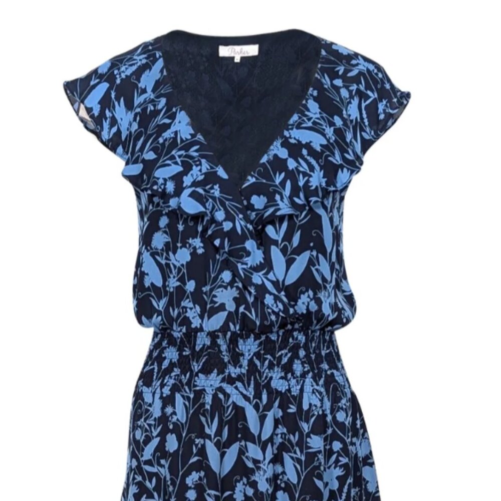 Parker Navy & blue Floral Asymmetrical Midi